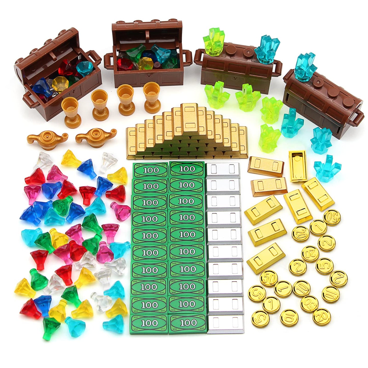 Feleph Treasure Accessories Money Building Blocks Set Jewel Chest, Gems Diamonds, Bullion Gold Tile Silver Bar, Power Crystals,