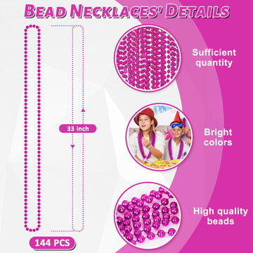 144PCS Bead Necklace, Mardi Gras Pink Bead Necklace Party Favors, Metallic 33'' Mardi Gras Round Beaded Necklace Stuff, Festival