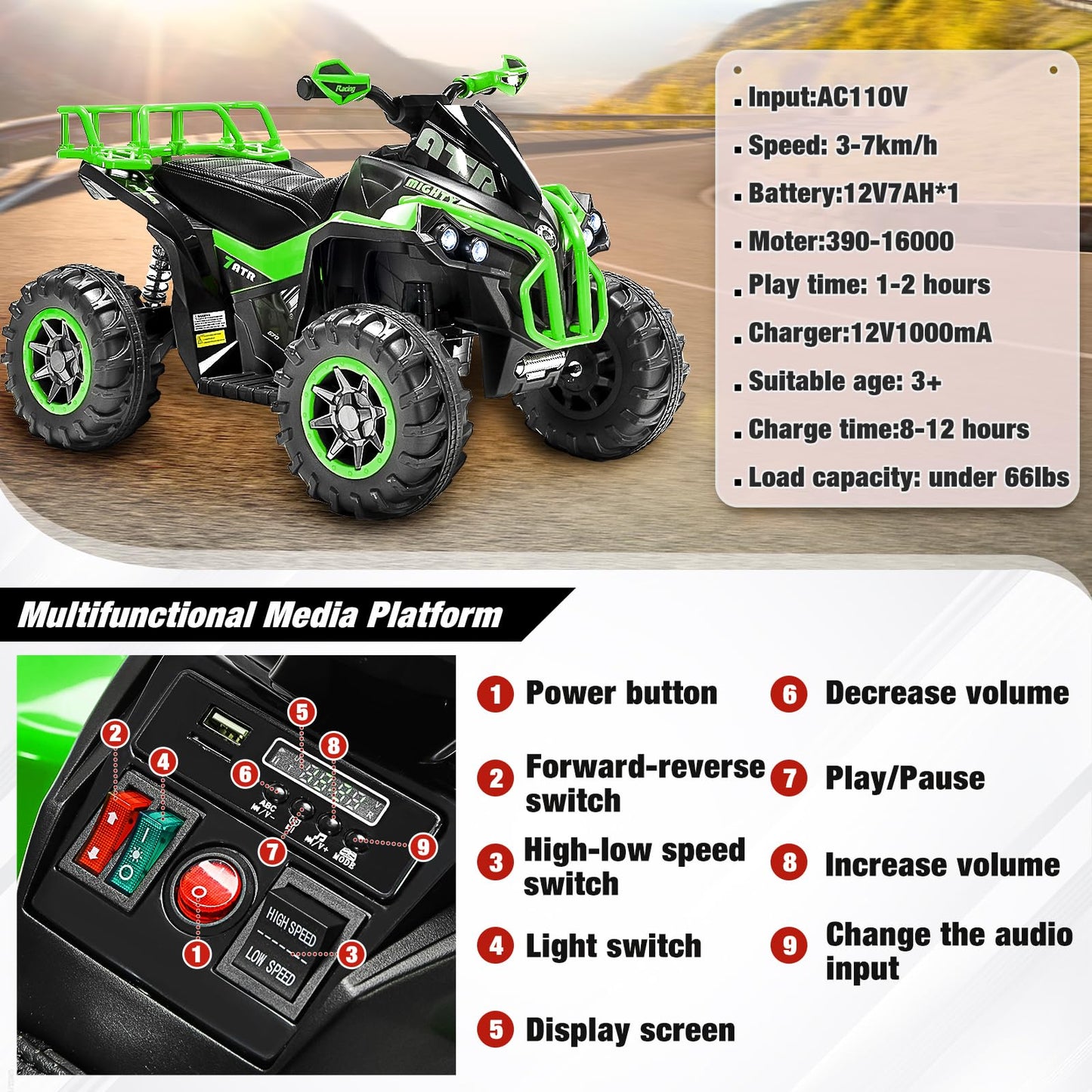 Soar Four Wheeler For Kids - Electirc Toddler 4 Wheeler For Kids 3-6, Ride On Atv 12V Battery Powered, Kids Quad With Led Lights, Music, High Low Speed, Usb/Tf, Treaded Tires, Green