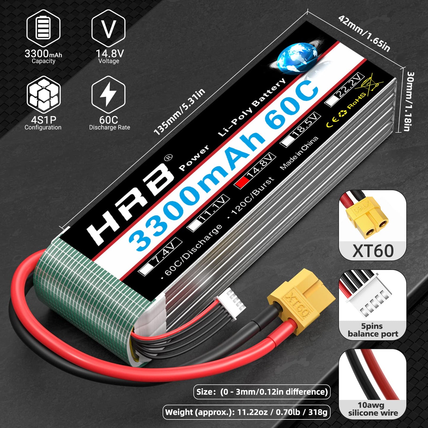 HRB 2 Packs 4S 3300mAh 14.8V Lipo RC Battery 60C with XT60 Plug for RC Airplane, Helicopter, Car, Truck,