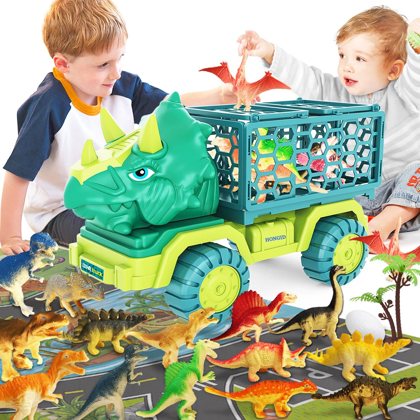 Hongid Dinosaur Truck Toys For Kids 3-5, Triceratops Car Toy With 15 Dino Figures,Large Activity Play Mat, Dinosaur Eggs, Dinosaur Play Set For Boys And Girls,Christmas Xmax,Stocking Stuffers