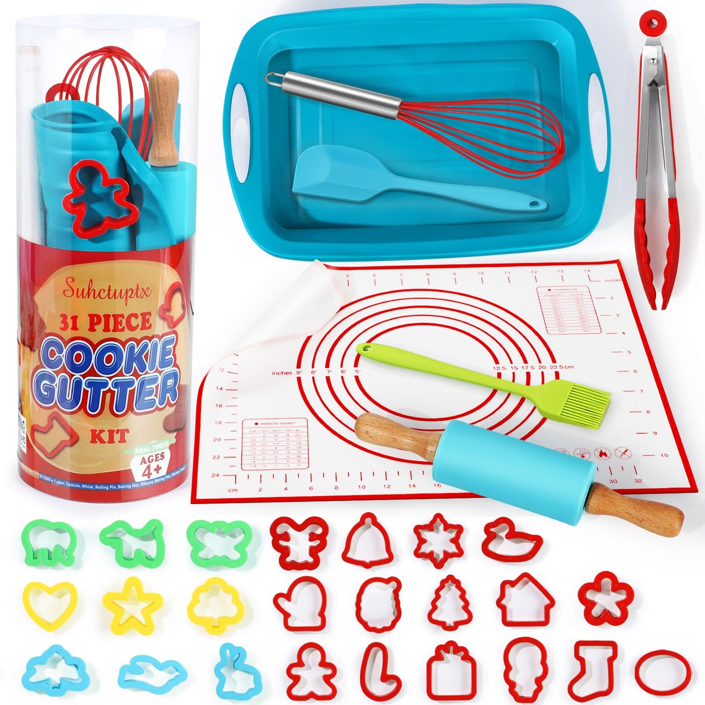 Kids Cooking & Baking Sets Real, Toddler Kitchen Toys, 24 Assorted Cookie Cutters - with Rolling Pin, Silicone Baking Pan, and N