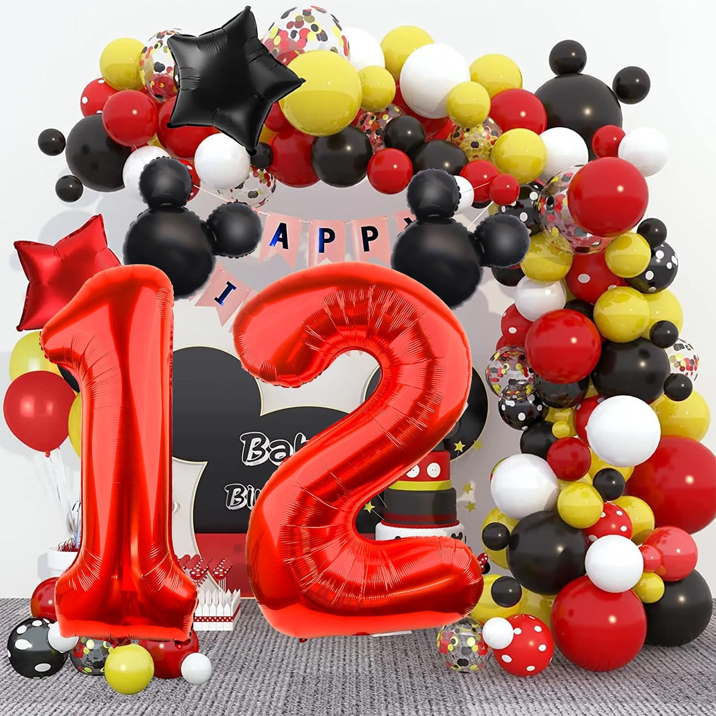 Lebery Mouse Number 2 Balloon 40 Inch Red Number 2 Balloon Mini Mouse Head Balloons For 2Nd Birthday Party, Black Red Large Numeral Two Foil Balloons For Baby Shower Anniversary Supplies Decoration