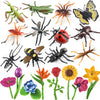 Insect Plant Figures Toys 20Pcs, Realistic Plastic Bugs Flower Figurines With Ladybug Bee Butterfly Ant Cricket Mantis Scorpion