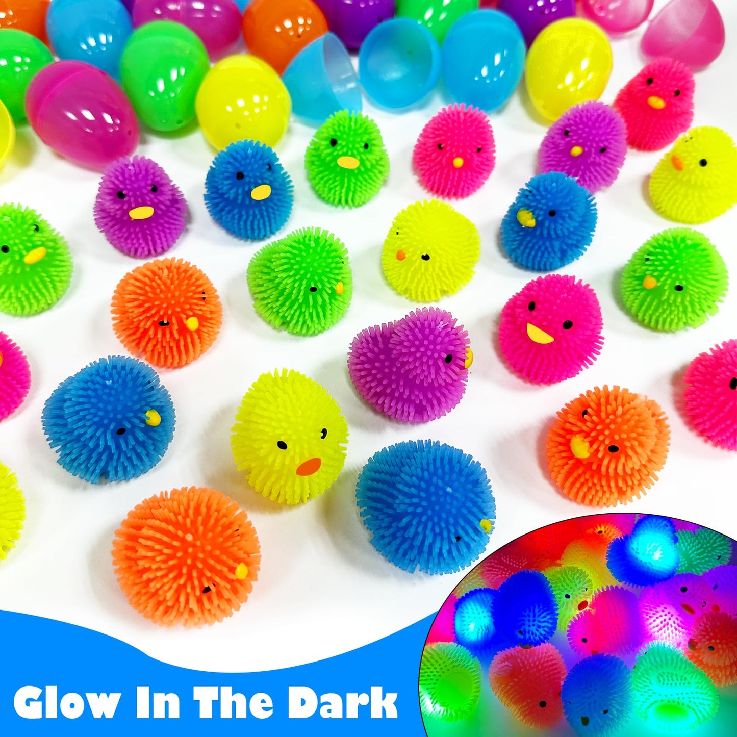 AMENON 24 Pack Easter Basket Stuffers Chick Duck LED Puffer Balls Easter Eggs Filled Light Up Squeeze Sensory Ball Stress Relief