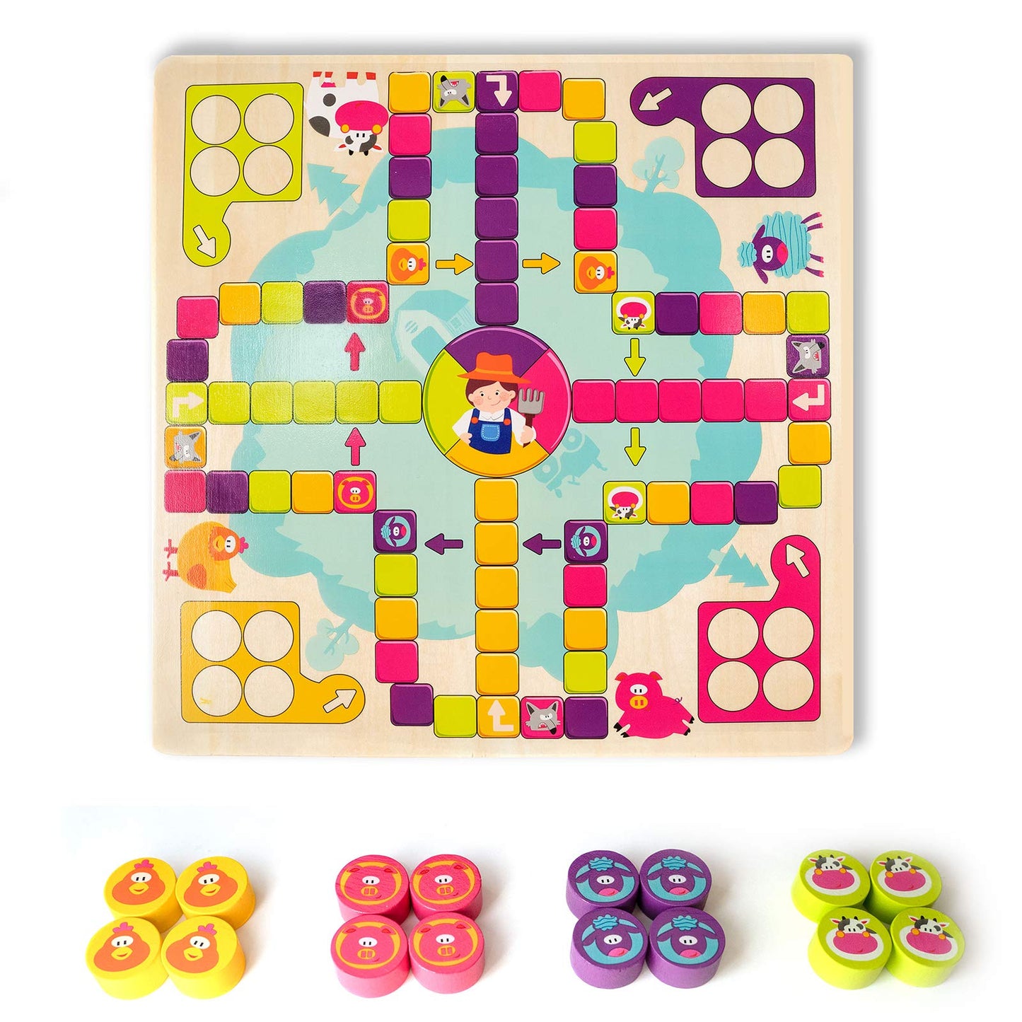 Omotiya Flying Chess For Happy Farm, Wooden Board Game For Kids Toddlers And Family Age 3 And Up For 2-4 Players, Boys And Girls