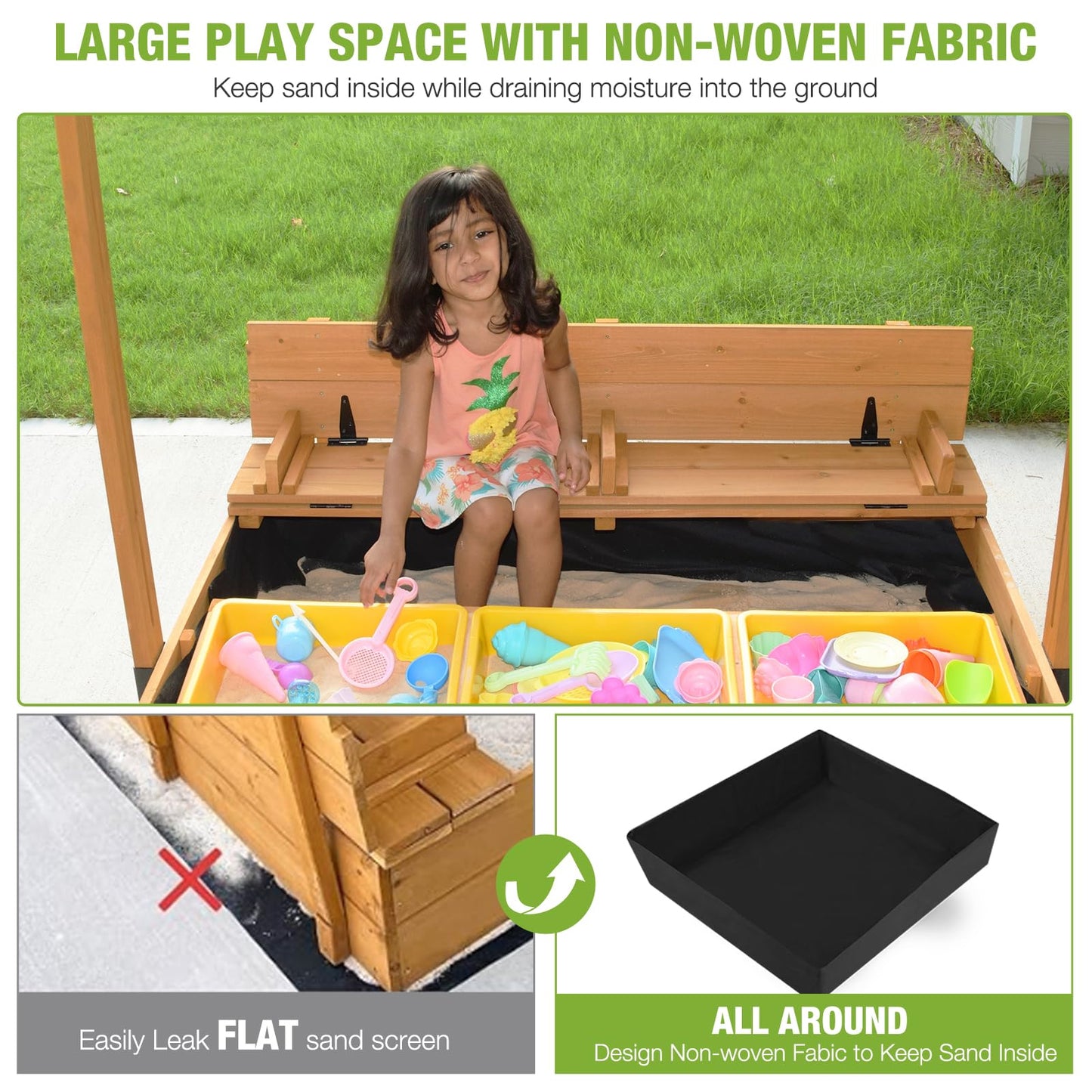 GUTINNEEN Sandbox with Lid and Cover for Kids Outdoor Sand Box with 3 Toy Bins, 2 Foldable Bench Seats, Adjustable Canopy and Sa