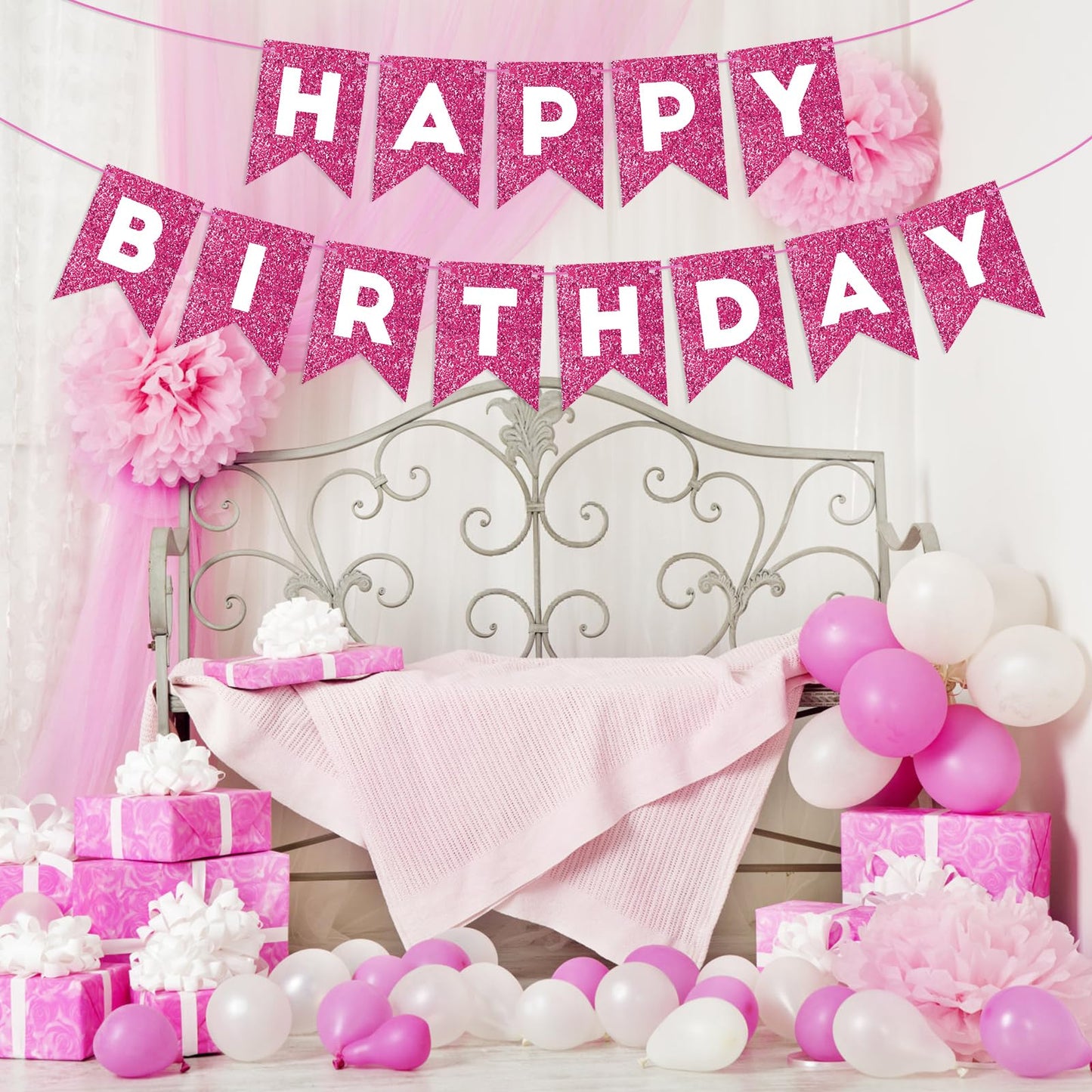 Hot Pink Happy Birthday Banner Birthday Sign For Backdrop Glitter Happy Birthday Decorations For Women Girls Birthday Party Wall Door Garland Bunting Banner Hot Pink Party Supplies