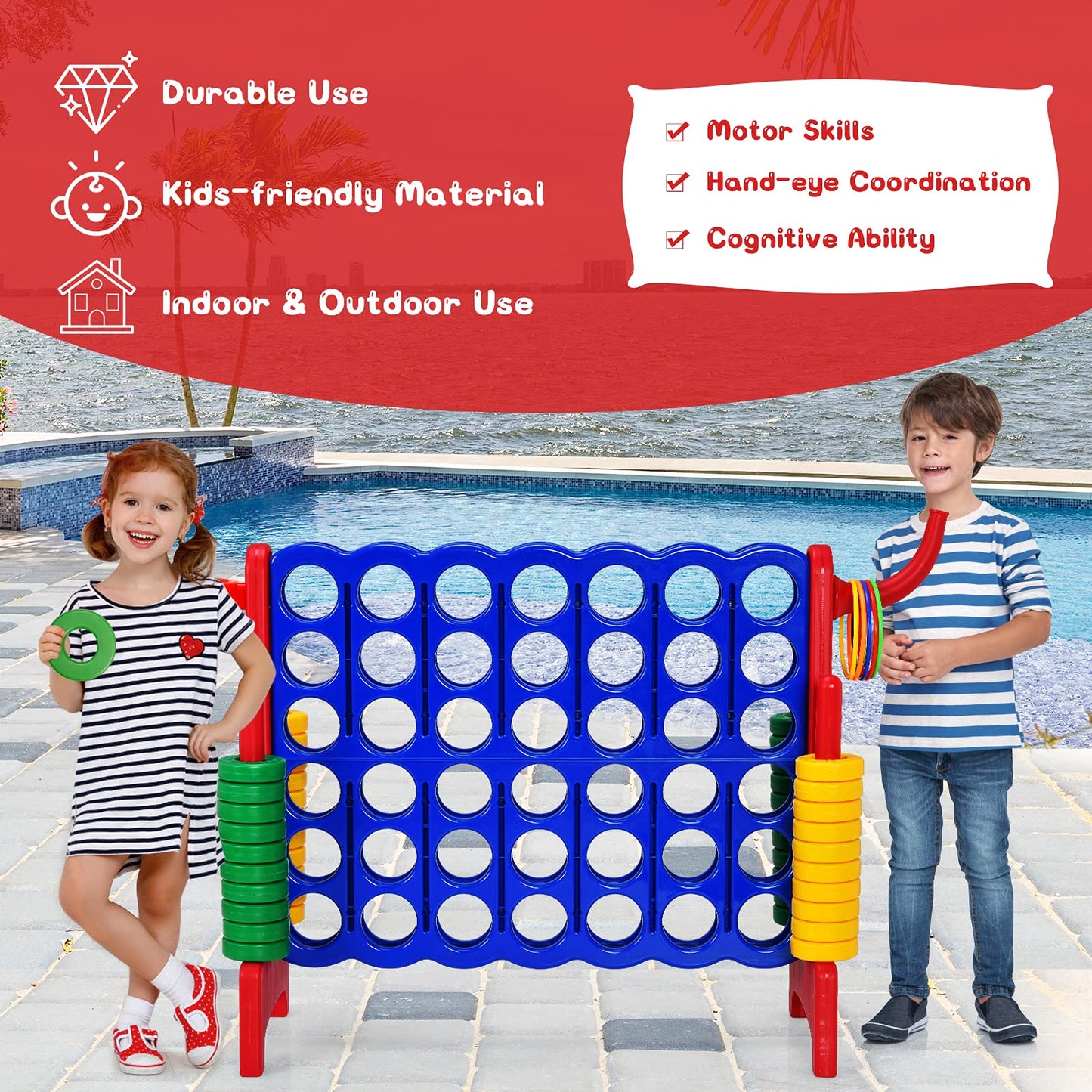 Costway Jumbo 4-To-Score Giant Game Set For Kids & Adults, 2.5Ft Indoor Outdoor Game Set With Basketball Hoop, Ring Game, 42 Jumbo Rings, Quick-Release Slider, Perfect For Holiday Party (Red)
