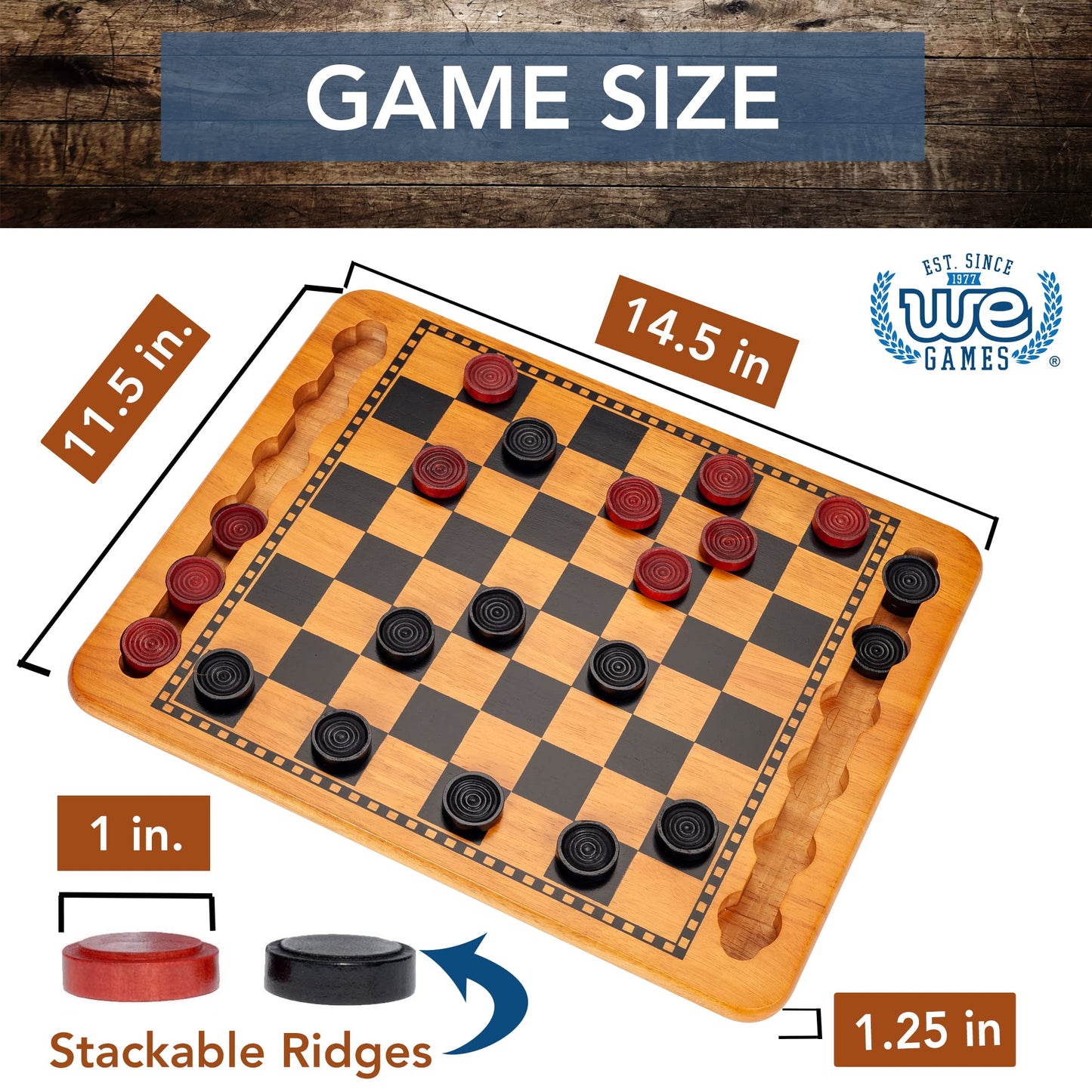 We Games Solid Wood Checkers Board Game – 14.5-Inch Vintage Checkers Set With Inset Grooves & 24 Red & Black Board Game Pieces – Fun Family Table Game