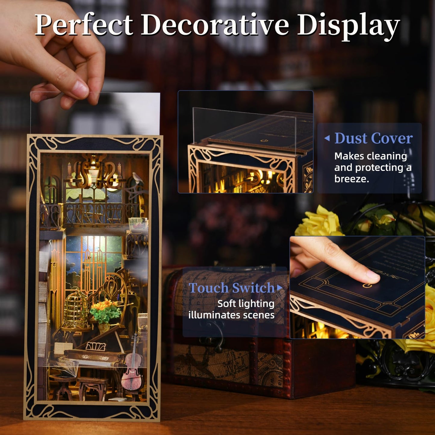 Minicity Diy Book Nook Kit For Adults, 3D Wooden Puzzle Bookend Bookshelf Insert Decor With Led Light And Dust Cover (Pianist Wi