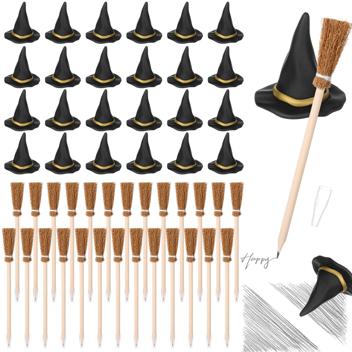 Fuyoooo 48 Pcs Witch Party Favors Set with 24 3D Small Witch Hat Eraser 24 Broom Broomstick Pencils for Wizard Party Favors Gift