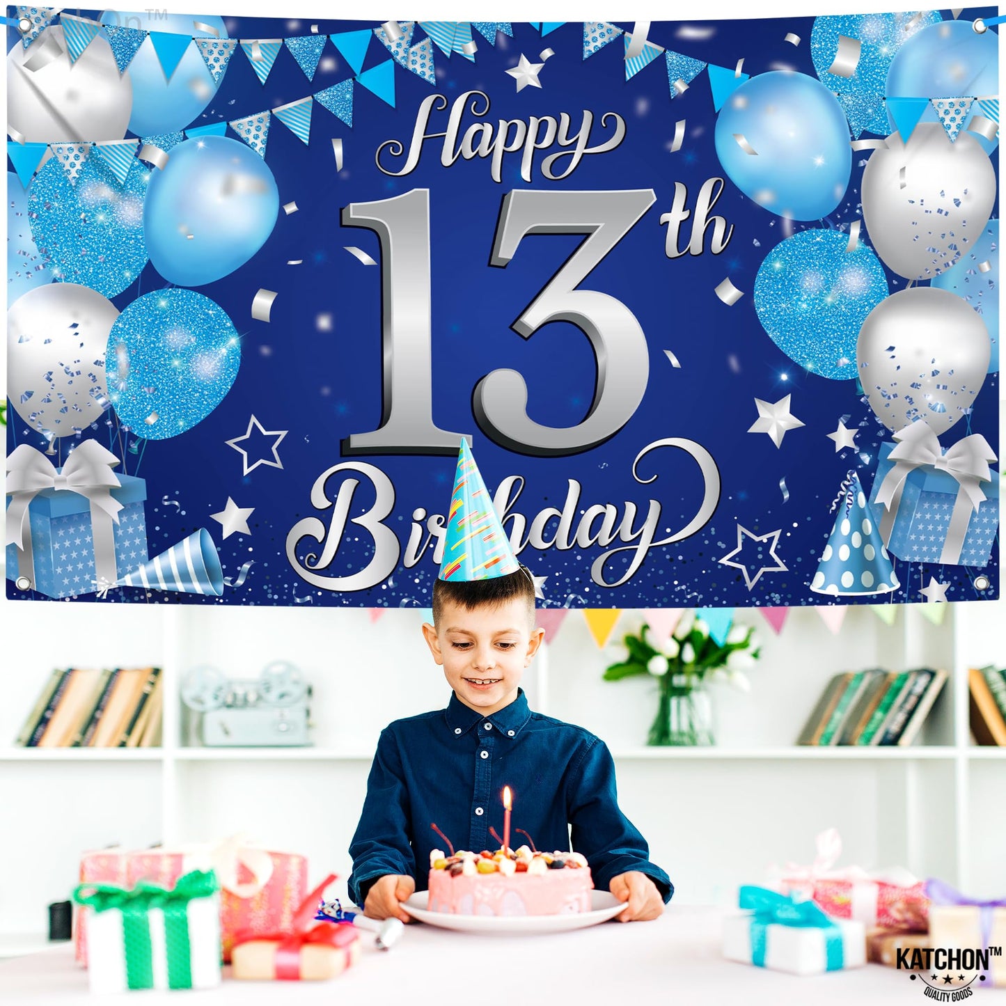 Katchon, Xtralarge Blue Happy 13Th Birthday Banner - 72X44 Inch | 13Th Birthday Decorations For Boys And Girls | Blue And Silver 13 Birthday Backdrop | Happy 13Th Birthday Decorations For Teenagers
