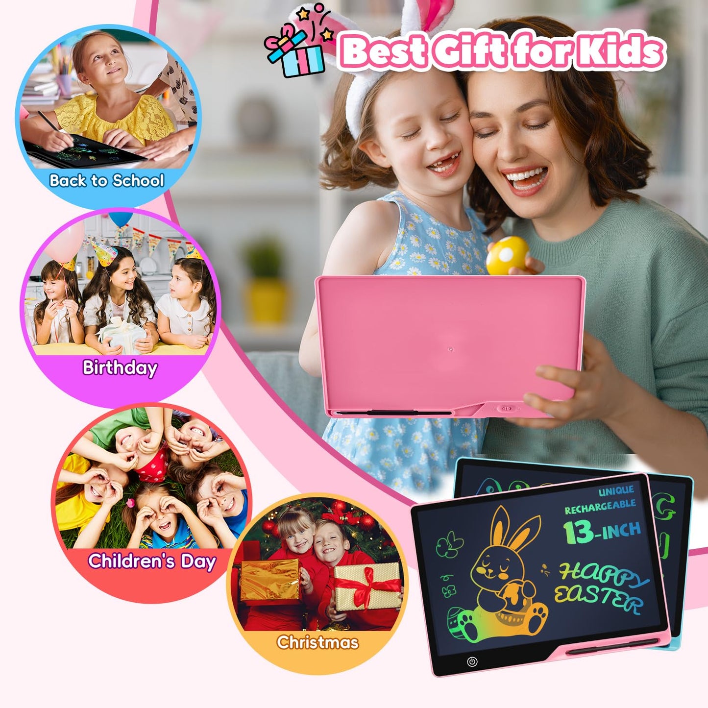 Kinayue 13 Inch Lcd Writing Tablet For Kids, Rechargeable Doodle Board, Kid Drawing Pad Learning Toys Best Gift For Birthday Chr
