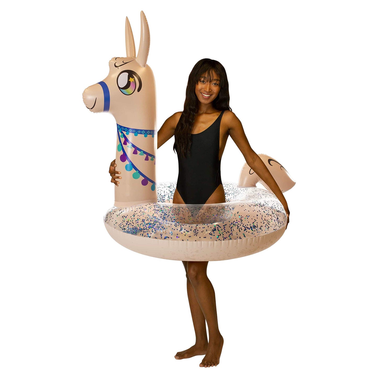 PoolCandy Inflatable Animal Pool Tubes & Swim Rings (Llama Glitter Filled 48 inch Pool Tube Swim Ring)
