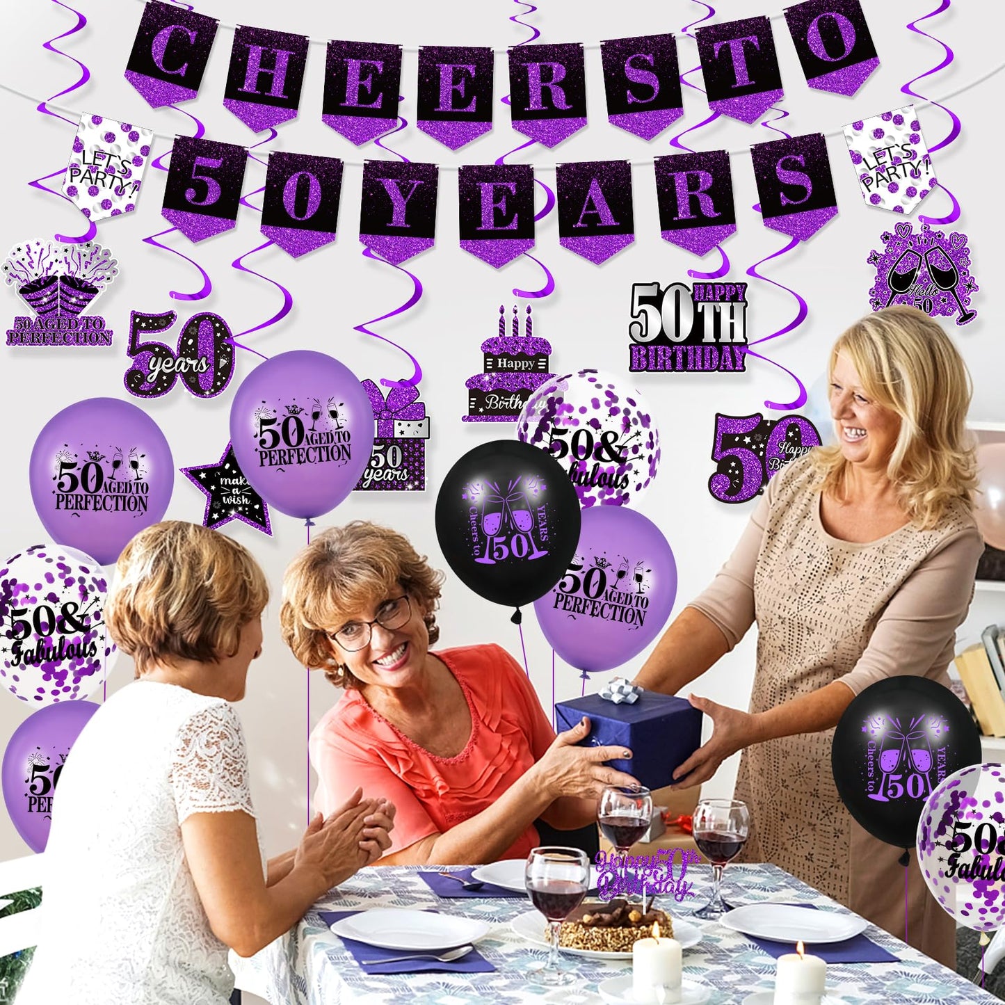 Purple 50Th Birthday Decorations For Women Men Purple Black 50Th Birthday Banner Hanging Swirls 50Th Birthday Balloons Happy 50Th Birthday Cake Topper For Purple Cheer To 50 Years Party Supplies