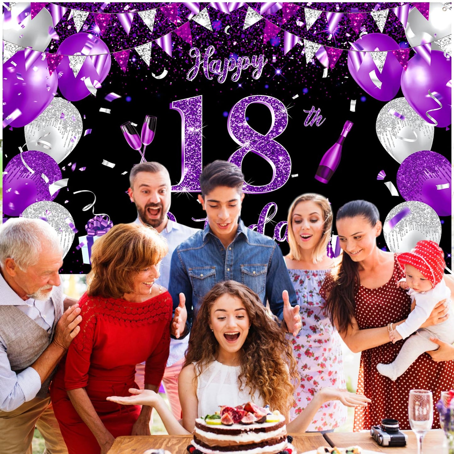 Purple 18Th Birthday Decoration Banner For Girls Large Black Purple Silver Happy 18Th Birthday Banner Purple And Black 18Th Background For 18Th Birthday Anniversary Party Supplies