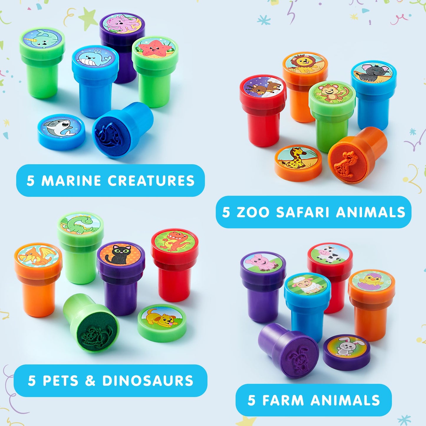 Joyin 50 Pcs Assorted Stamps For Kids - Self-Ink Stamps With 50 Designs For Birthday Party Favor, Carnival Prizes, School Stampers, Goodie Bag, Halloween, Christmas (Zoo, Holiday Stampers)