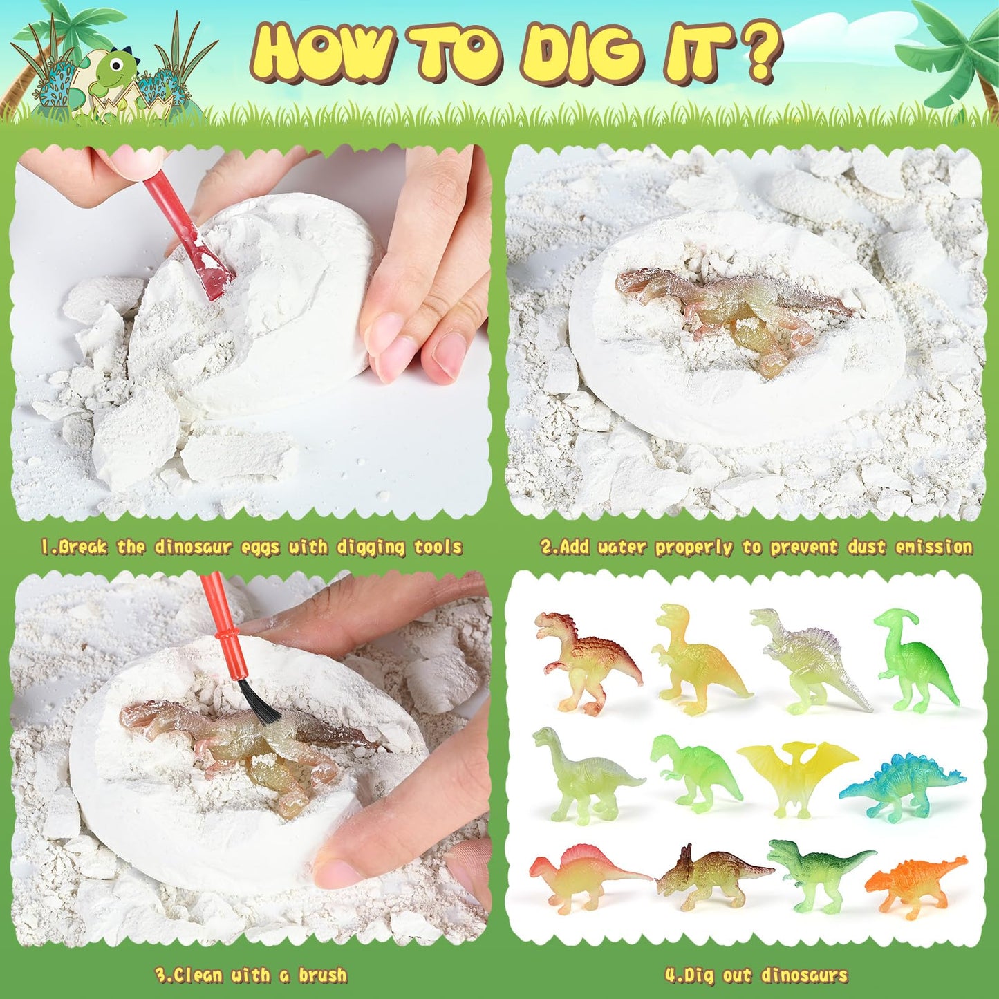 Dino Eggs Dig Kit, 12 Pack Dinosaur Eggs Excavation Set, Easter Gift Dinosaur Toys Science Experiments Kits With 12 Cards, Easter Basket Stuffers Toys For 3 4 5 6 7 8 9 10 11 Year Old Boys Girl