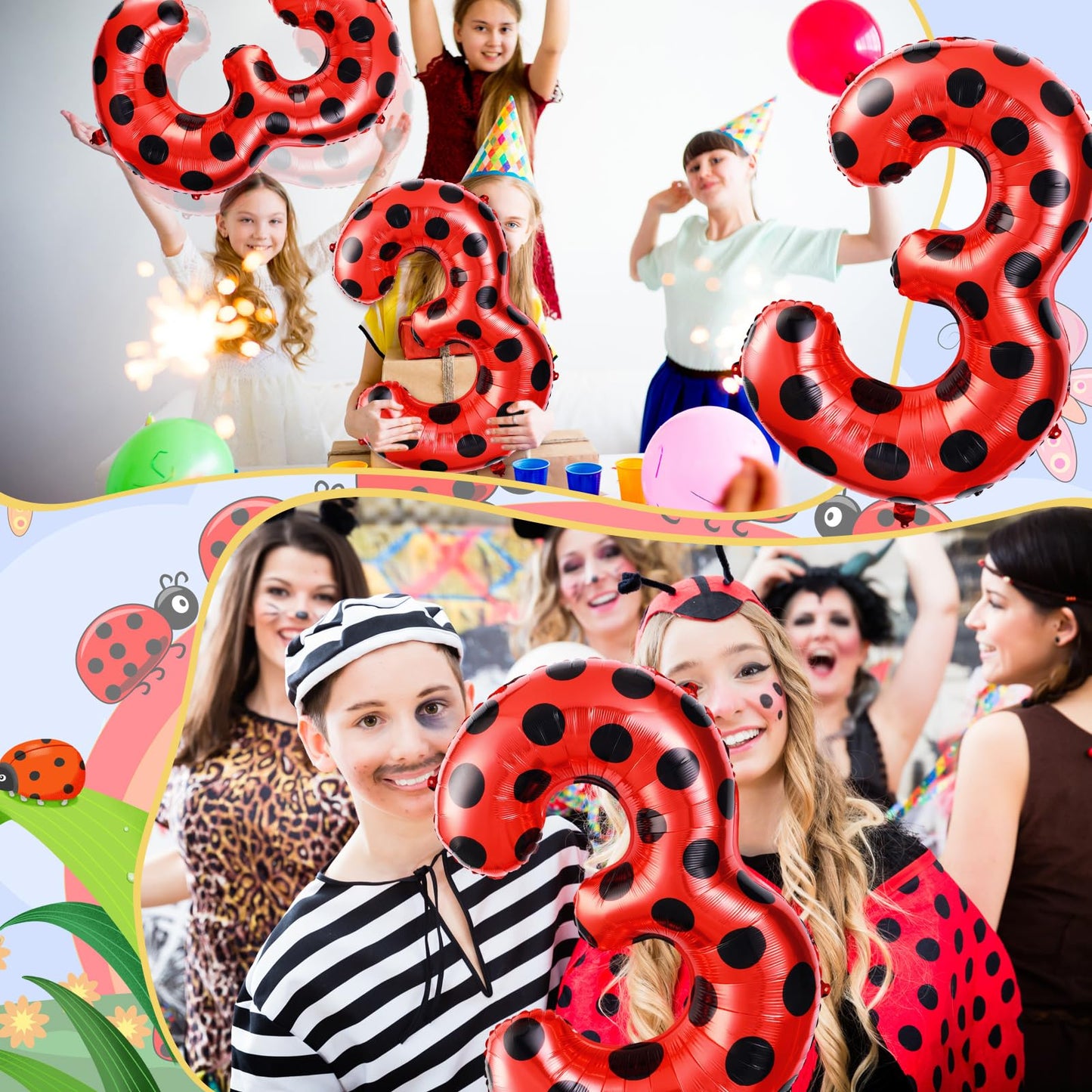 Lunmon Ladybug 40Inch Number 3 Balloon, Polyester, Black Red Polka Dots, Birthday, Baby Shower Decorations, Children, Unisex