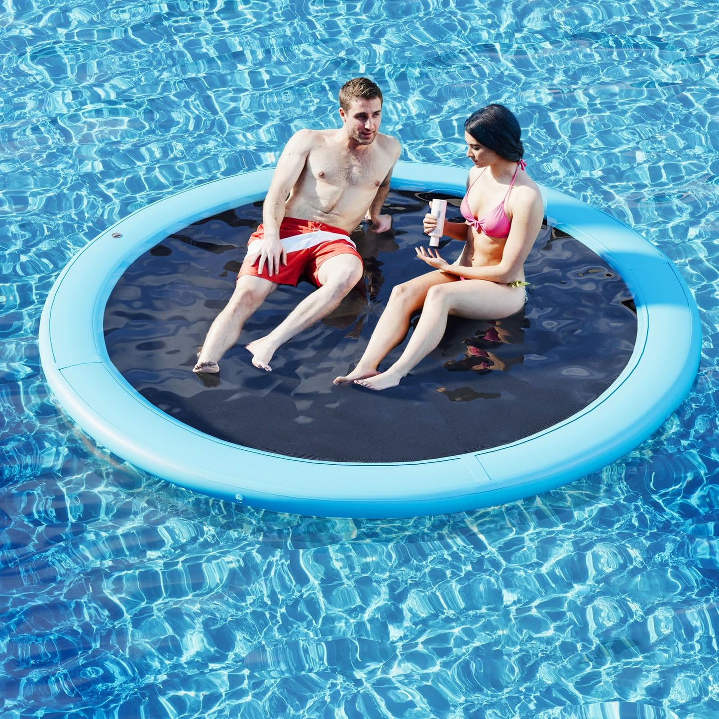 Danrelax 12' Round Inflatable Floating Dock, Sunchill Float Ring, Hammock Tanning Pool with 4in Woven Fabric, Manual Pump for 1-