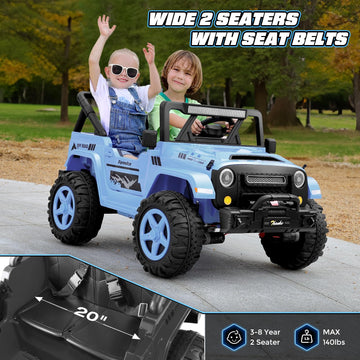 Hikole 2 Seater Xl Ride On Cars For Kids - 24V Electric Car With 20 Inch Wide Seat, 4Wd/2Wd Switch, Remote Control, Led Lights, Music Player, Battery Powered Jeeps Car For Kids, Blue-Gray