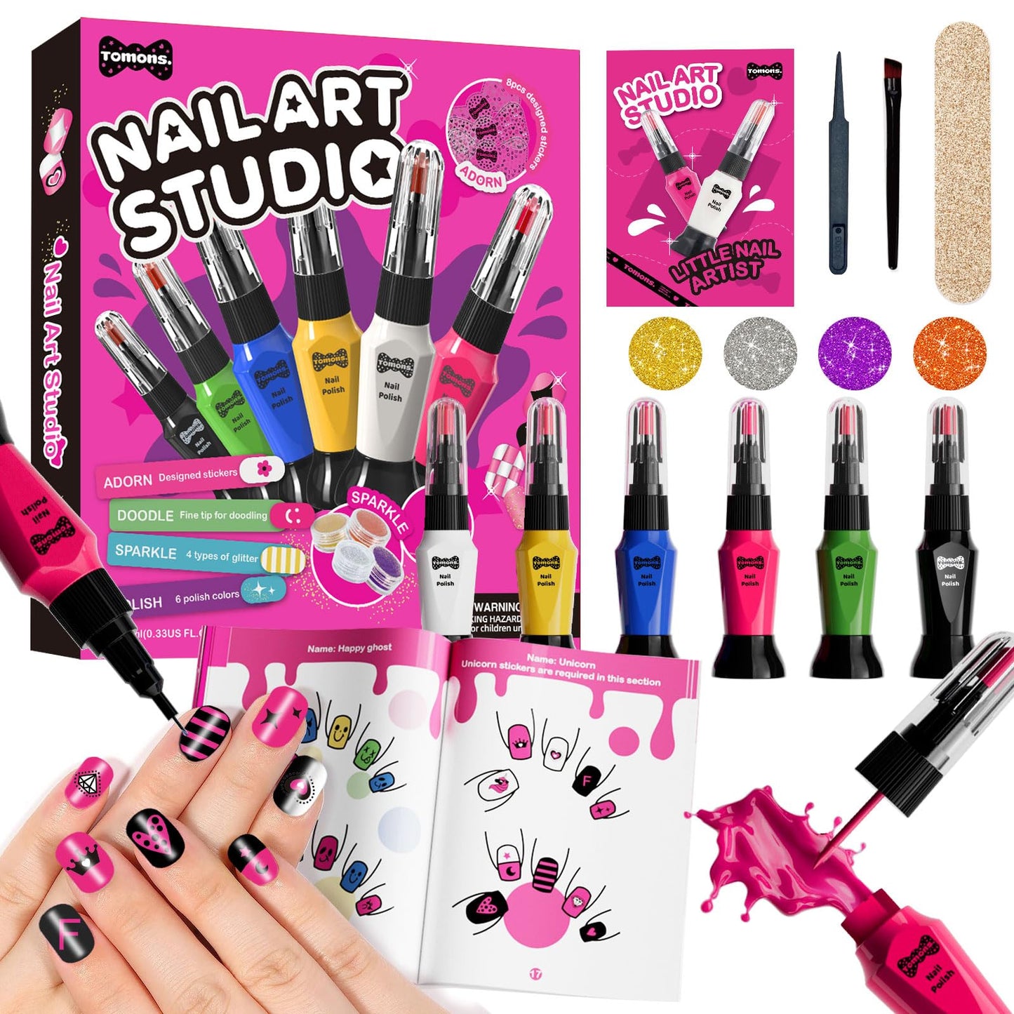 Tomons Kids Nail Polish Set for Girls, Nail Art Kit with Pens,Glitter,Stickers-Quick Dry& Non-Toxic Nail Polish, Ideal Birthday