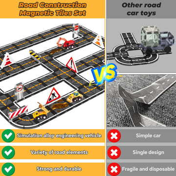 Magnetic Tiles, Magnetic Blocks Engineering Construction Vehicle Road Set, Toddler Toys For 3 4 5 Year Old Boys Girls Montessori Preschool Classroom Must Haves Stem Educational Kids Toys Birthday Gift