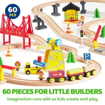 60Pcs Montessori Wooden Train Set - Construction Express, Engineering Railway With Magnetic Crane, Trains & Accessories, Perfect