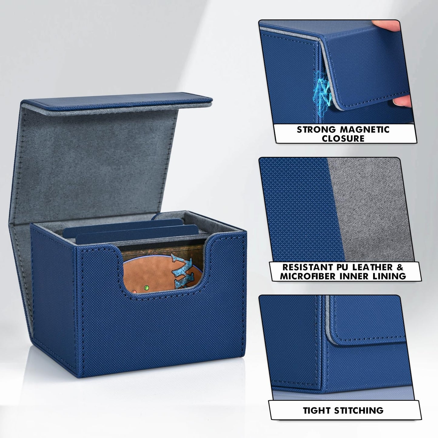 Zlca Card Deck Box For Trading Cards, Mtg Commander Deck Box Holds 120+ Single Sleeved Cards, Leather Magnetic Card Storage Box Fits For Tcg Ccg Magic Cards (Blue)