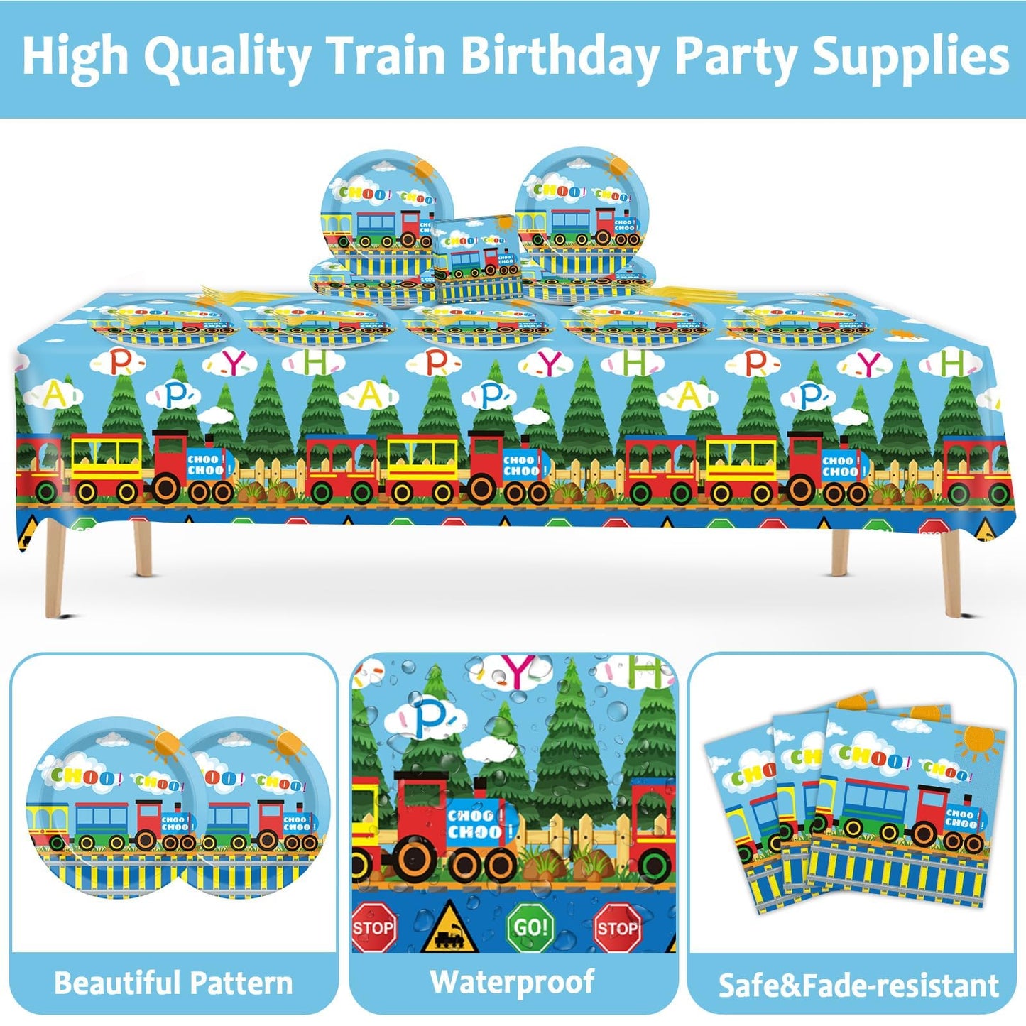 Gisgfim Train Birthday Party Supplies Train Theme Party Tableware Includes Train Party Plates Napkins Fork And Train Theme Table