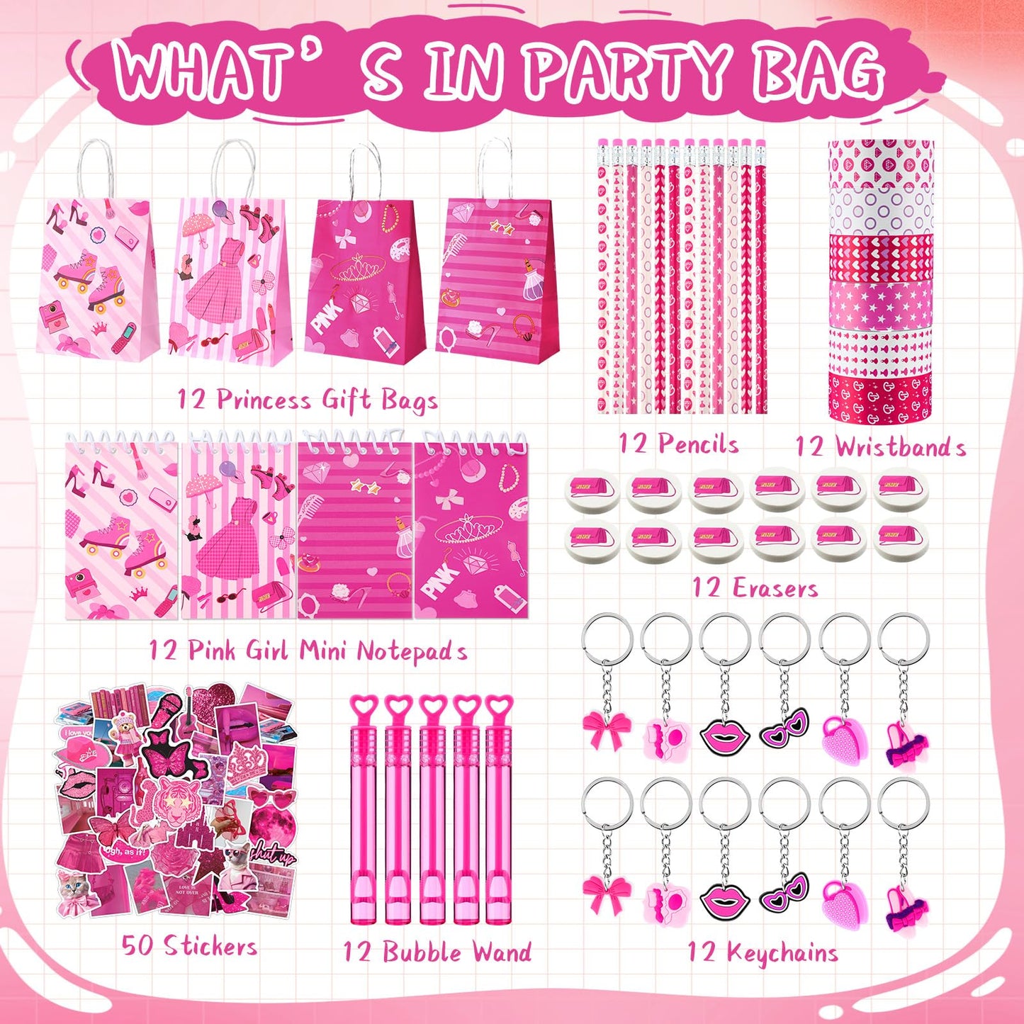 Fuyoooo 134 Pcs Hot Pink Princess Party Favors Kit for 12 People Pink Princess Party Supplies Include Gift Bags Mini Notepads Pe