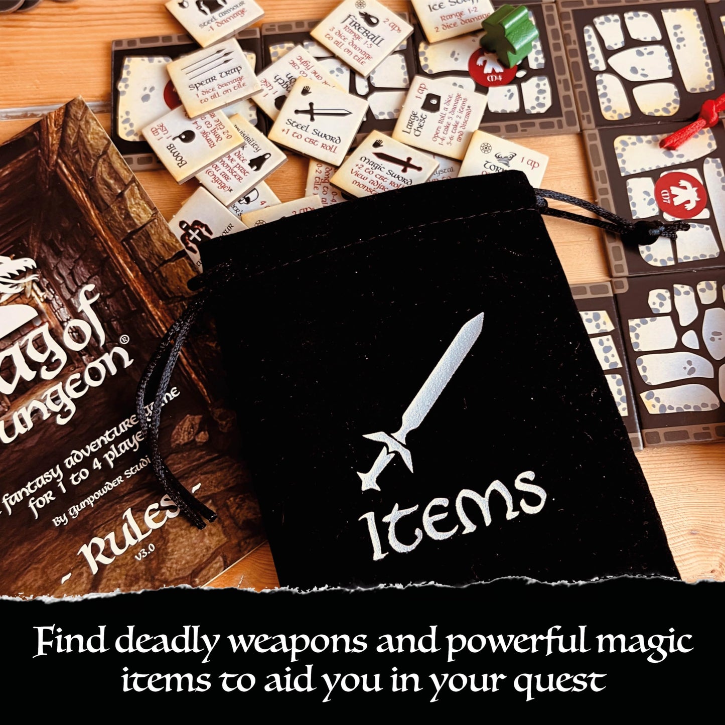 Gunpowder Studios Bag of Dungeon Board Game | Fantasy Crawler | 1-4 Players | Age 7+ | Multicolor | Model BOD2