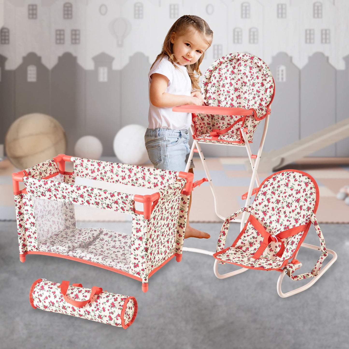 Floral Baby Doll Accessories Set - 3-1 Furniture With Crib, High Chair, Bouncer Seat Bed For 18 Play Toys 18'' Dolls