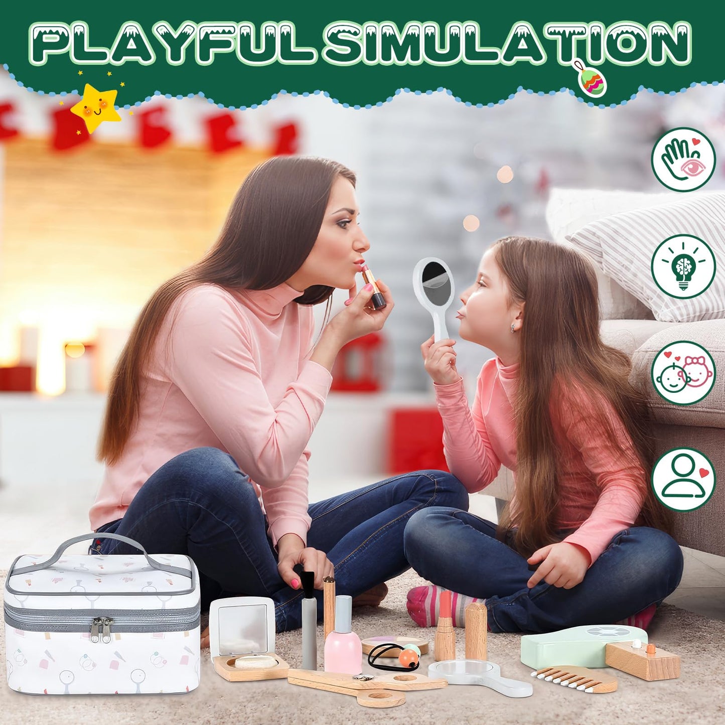 Wooden Makeup Toy Set, Wood Makeup Kit for Girls, 2-in-1 Pretend Wood Beauty Hair Salon & Makeup, 16-Piece Non-Toxic & Safe Wood