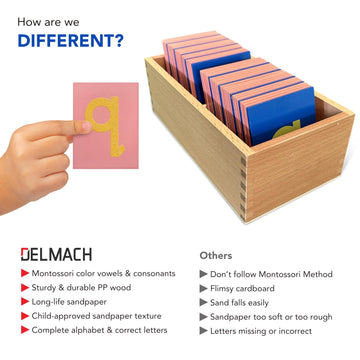 Delmach Montessori Sandpaper Letters - Lowercase & Uppercase PP Wood Tiles, Color-Coded Vowels & Consonants, Includes Storage Box, Brown
