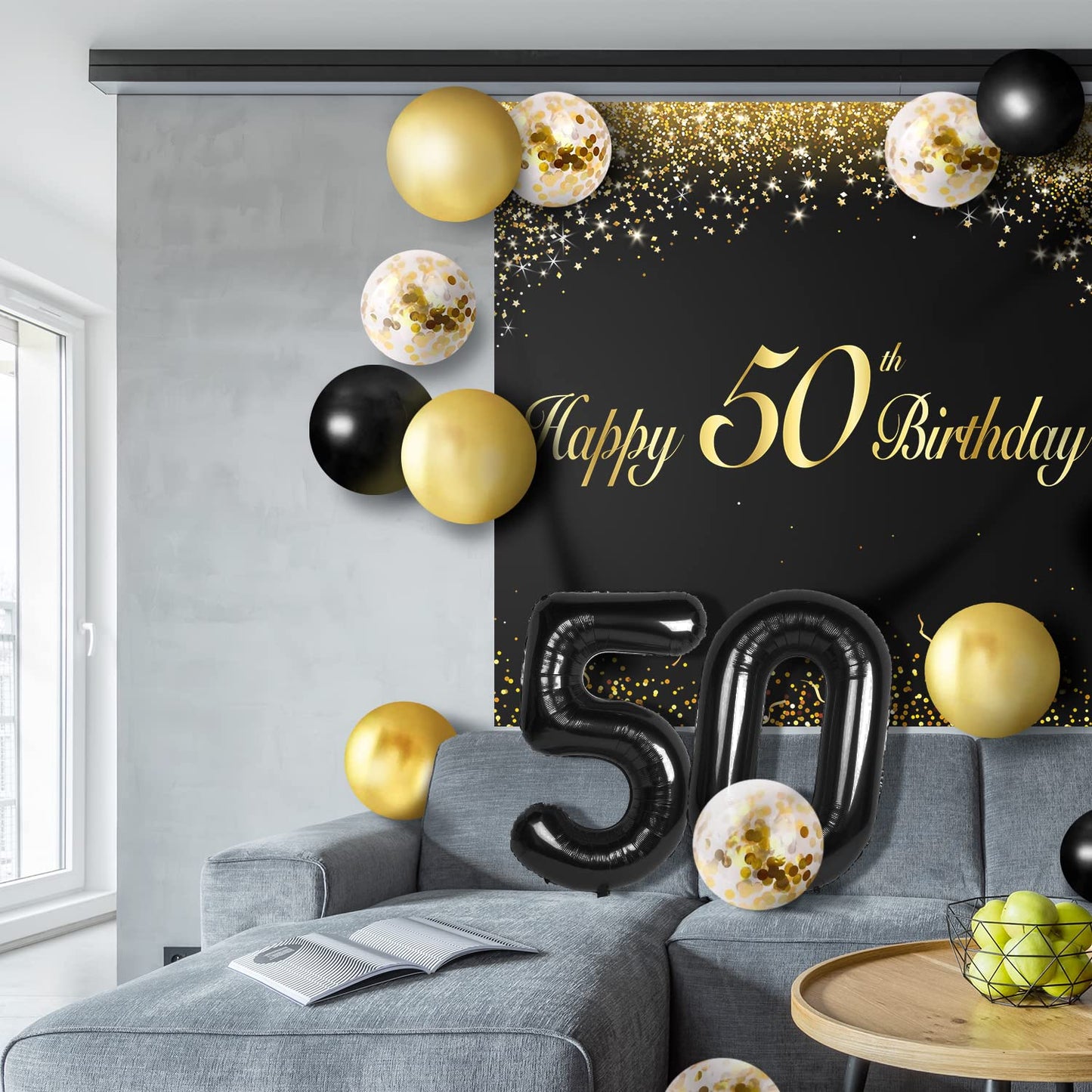 Happy 50Th Birthday Balloons Black Set Decor - Cheers To 50 Years Old Party Theme Garland Banner Backdrop Decorations For Women