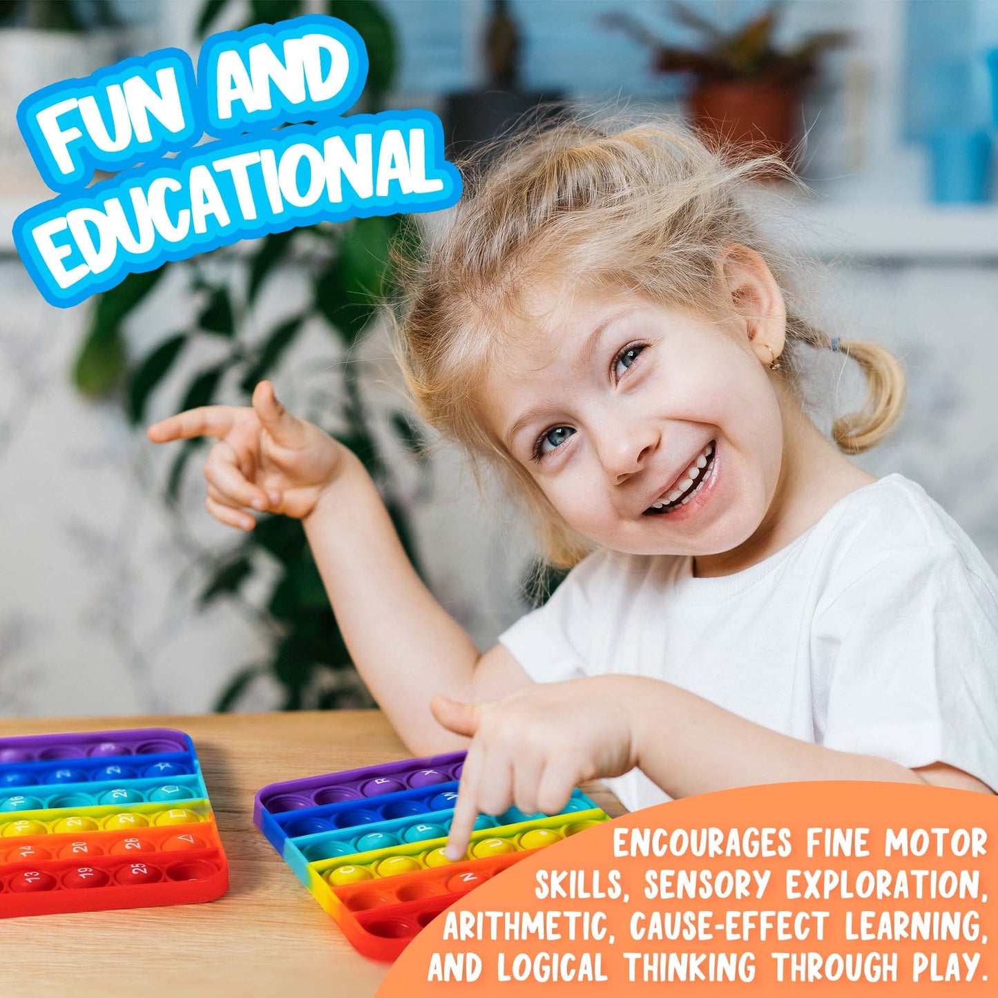 Push Pop Bubble Fidget Sensory Toy, 4-Pack, Square, 5 X 5 Inches, Rainbow, Numbers And Alphabets, Party Favors