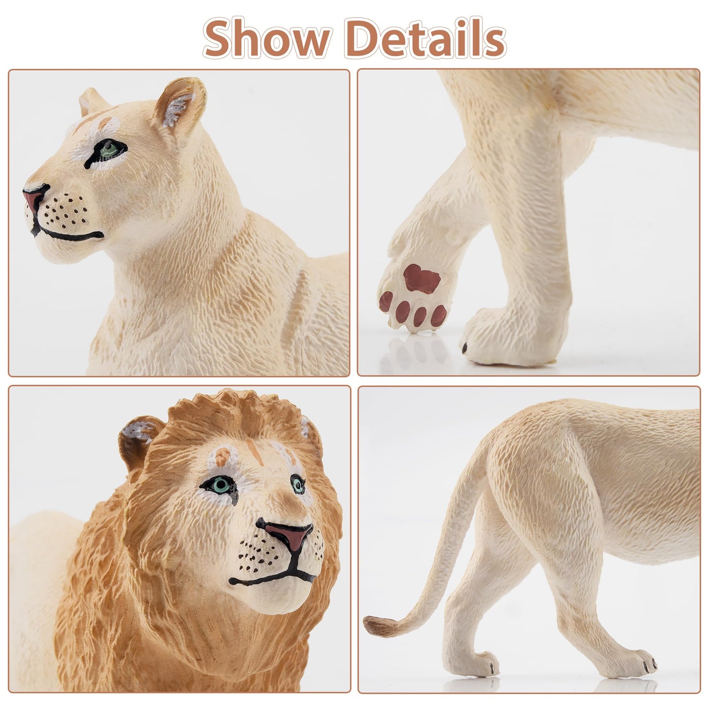 Toymany 6Pcs White Lion Figurines With Lion Cubs, 2-5'' Jungle Animals Figures Realistic Family Set Includes Baby Lions, Educati