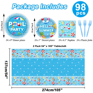 Tevxj 98 Pieces Pool Party Decorations Summer Beach Birthday Party Tablecloths Pool Surfboard Party Tableware Sets For Hawaiian Birthday Baby Shower Party Supplies Favors