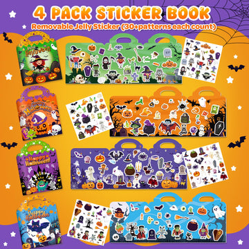 4 Sets Halloween Reusable Sticker Books for Toddlers 1-3, Arts Crafts for Toddler 3-5, Activity Books for Kids 2-4, Toddler Toys