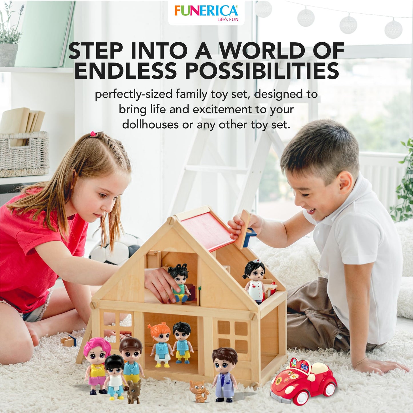 Funerica Dollhouse People Figures Playset - Dollhouse Family Little People Figures Doll House Accessories Toys -Play People (Family Figures With Car, Pets, Doctor & Nurse)