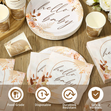 Hushee 200 Pcs Boho Flower Baby Shower Paper Plates Napkins Cups Hello Design Boho Baby Shower Party Supplies Tableware Set Boho