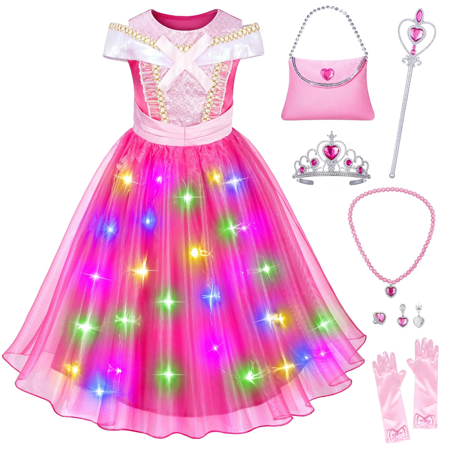 Light Up Princess Aurora Costume For Little Girls Dress Up - Led Light-Up Pink Sieeping Beauty Dress With Accessories For Birthday Halloween Cosplay 4T 5T