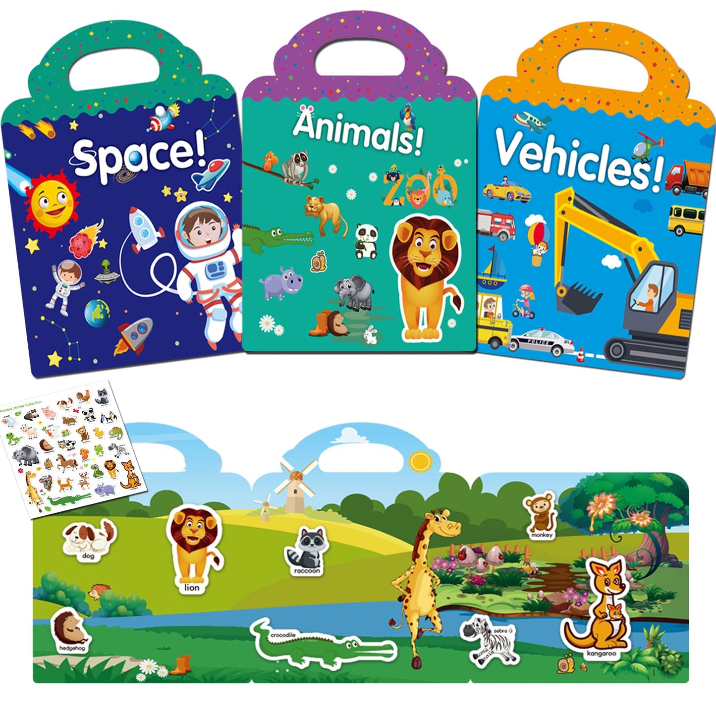 3 Pack Reusable Sticker Books For Toddlers 2-4 Years, Sticker Books For Kids 1-3, Birthday Easter Gifts For Kids Toddler Boys Girls Travel Toys (Animals+Space+Vehicles)