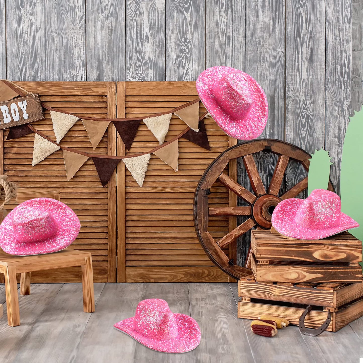 Sotiff 12 Pcs Mini Western Cowboy Cowgirl Hat Glitter Pink Small Disco Toy Hat Neon Holographic Space Doll Hat Sparkly Dollhouse Decoration For Christmas Cowgirl Party Dollhouse Drinks Cupcake Toppers