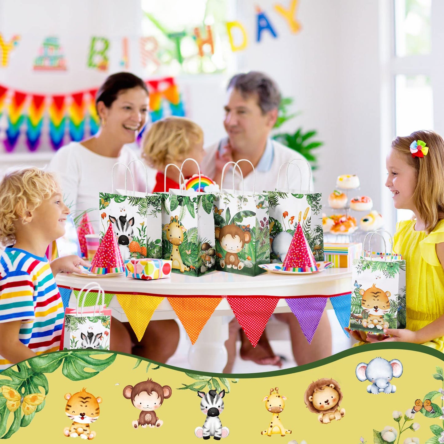 24 Pieces Safari Goodie Bag Safari Jungle Party Favor Bags With Handles For Kids Birthday Safari Themed Party Supplies (Watercol