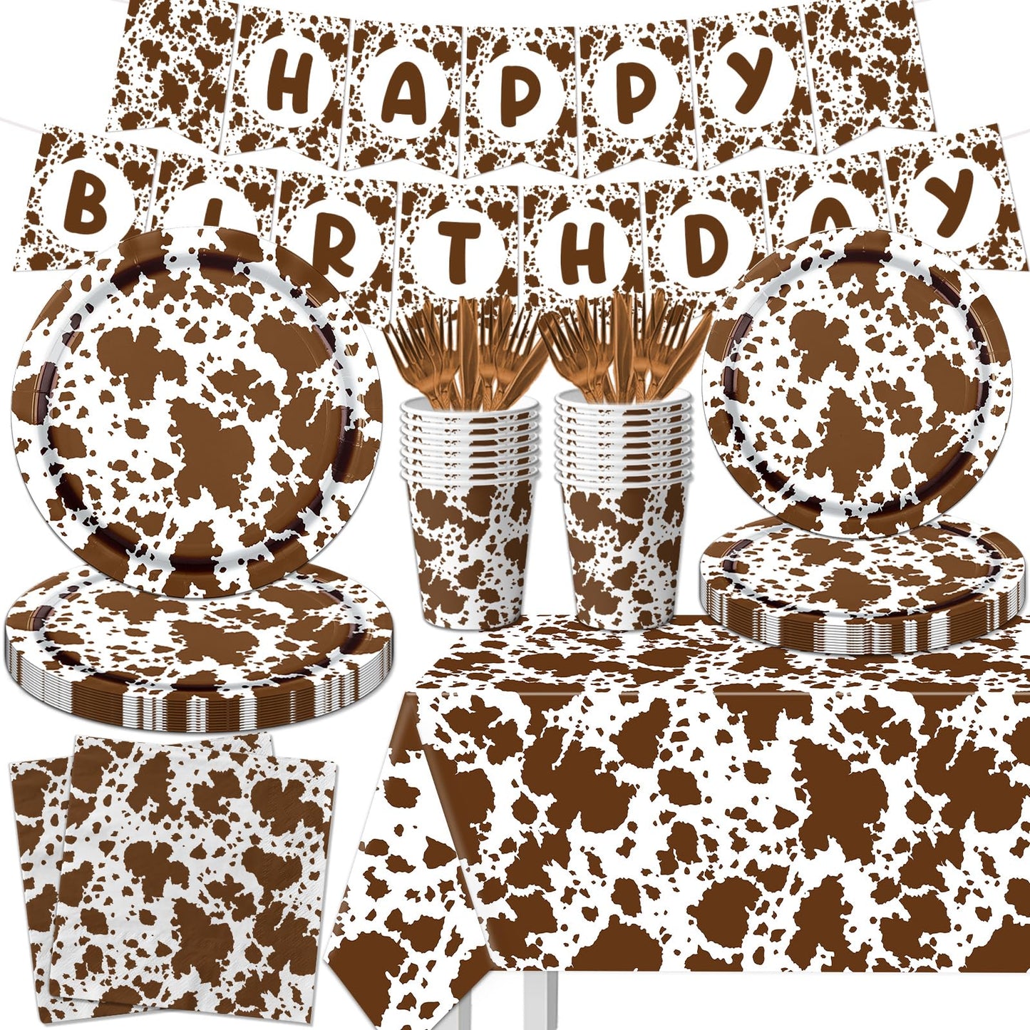 Highland Cow Decorations, 142Pcs Cow Print Plates And Napkins Party Supplies, Brown Cow Birthday Party Decorations Tableware Cup