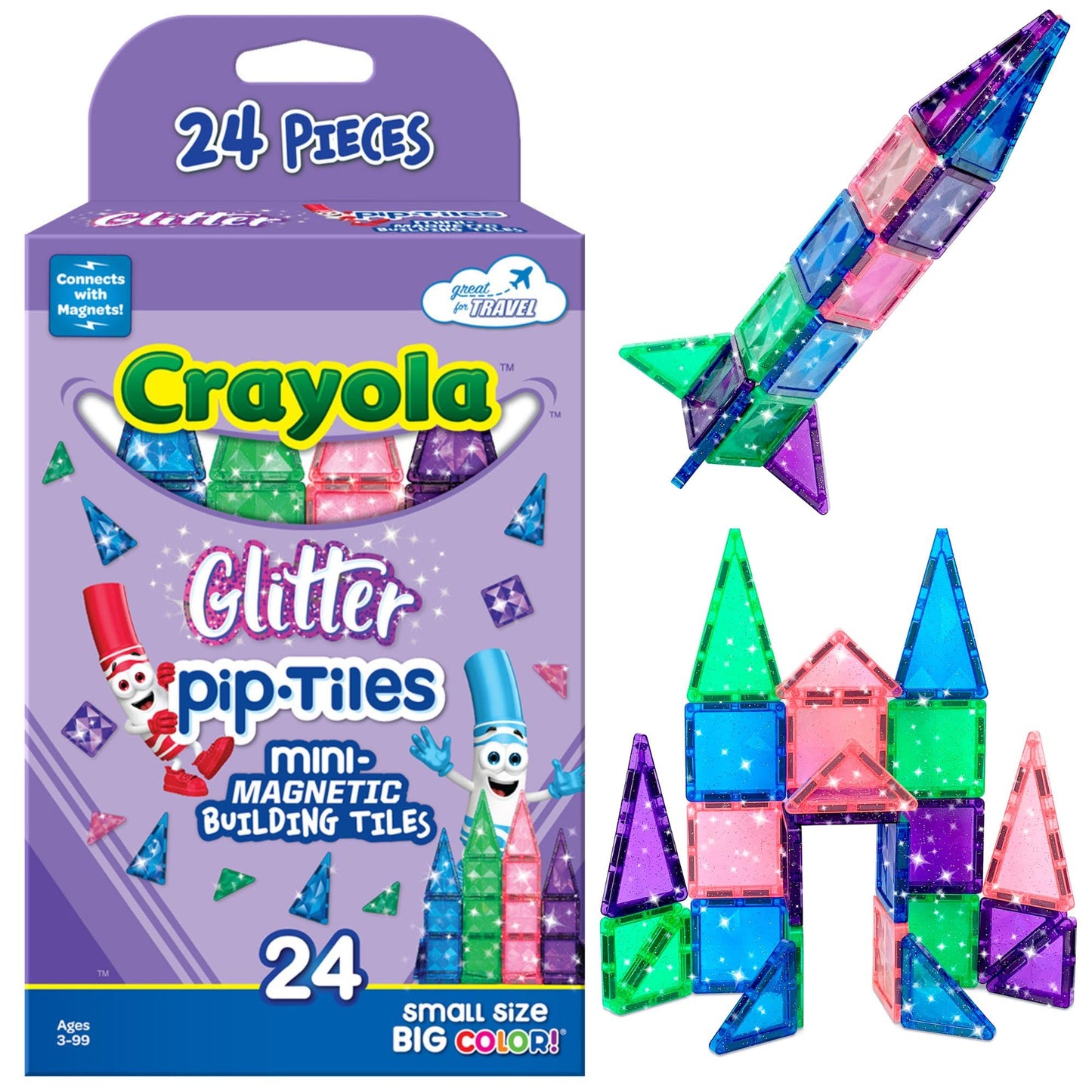 Createon Crayola Mini Magnetic Pip-Tiles, Building Set For Kids, Magnetic Building Easter Toys For Kids, Stem Travel Toys For Boys And Girls Ages 3+, 24-Piece Set (Glitter)