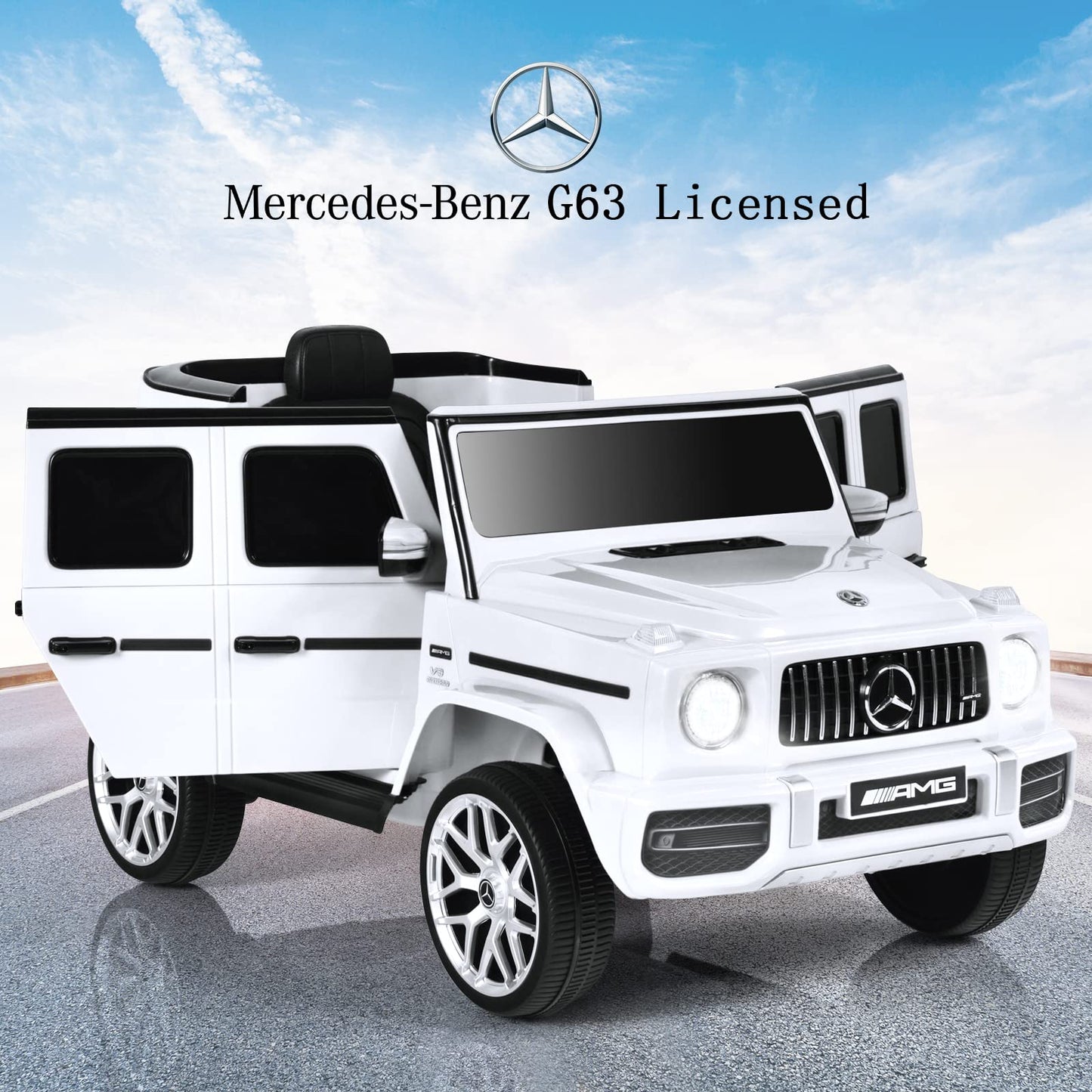 Infans Licensed Mercedes Benz G63 Kids Ride On Car, 12V Electric Vehicle With Remote Control, Double Open Doors, Music, Bluetooth, Wheels Suspension, Battery Powered For Children Boy Girl (White)